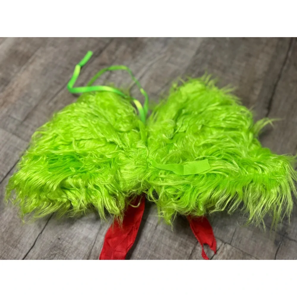 Green Faux Fur Grinch Christmas Bow Red Accent Holiday Wall Decor Wreath